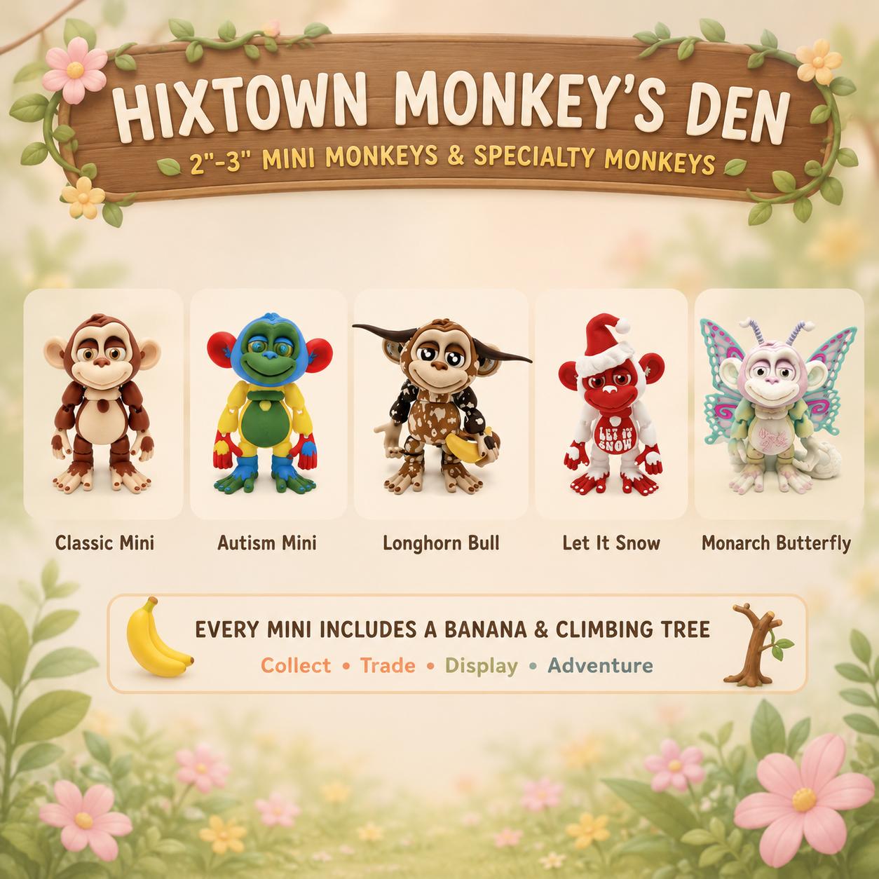 Mini Monkey Figurines — 2"–3" with Tree & Banana