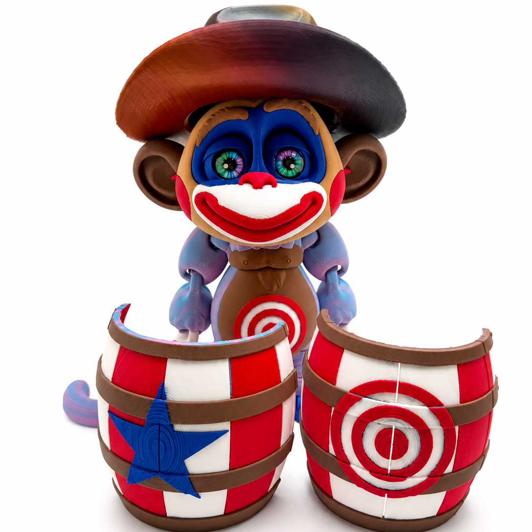 8" Rodeo Barrel Buddy- Articulated Monkey with Cowboy Hat & Magnetic Barrel