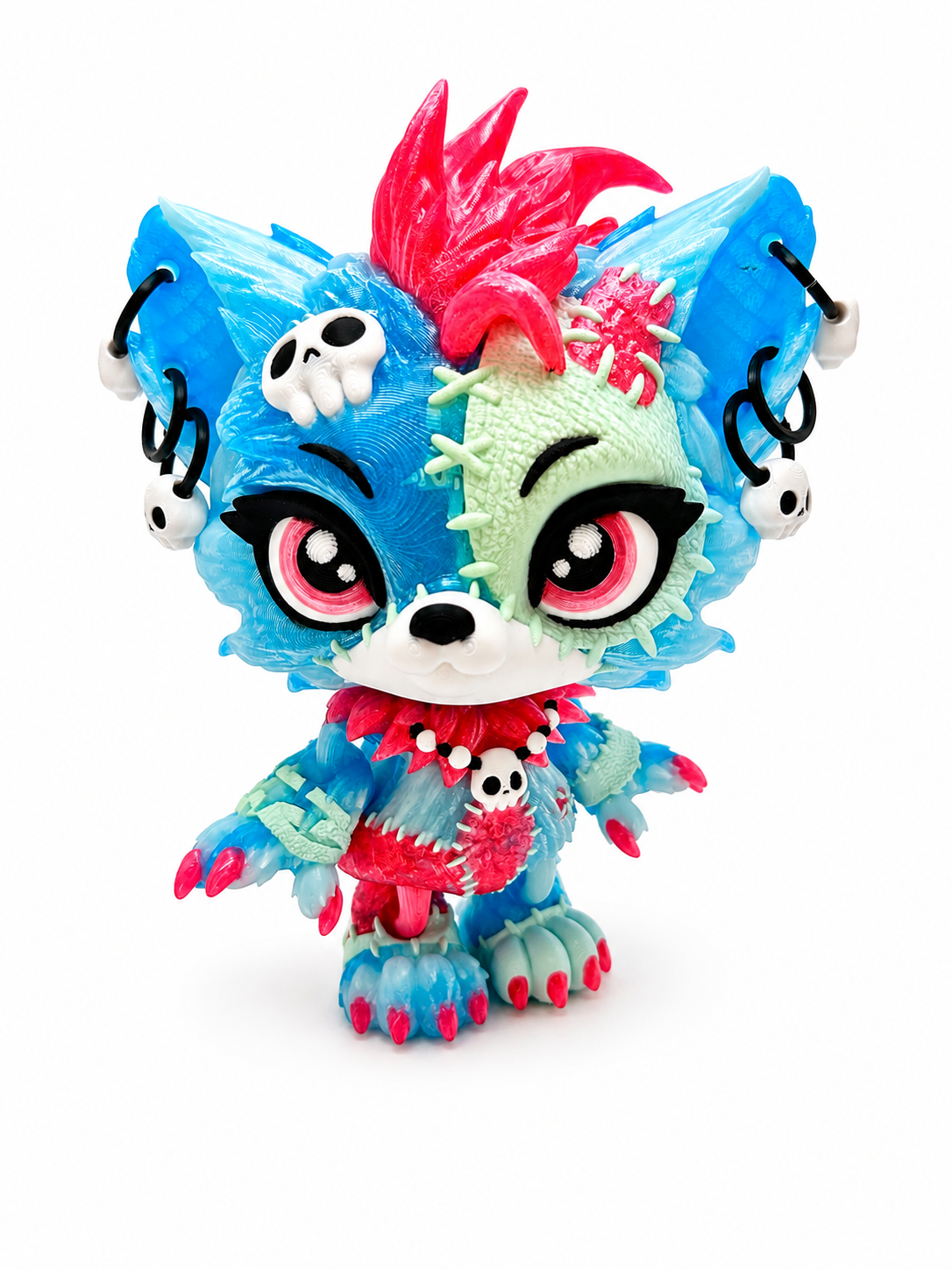 Luna the Voodoo Wolf Pup XL 9" — Articulated 3D Printed Stitch figurine Wolf w/ Skull Earrings