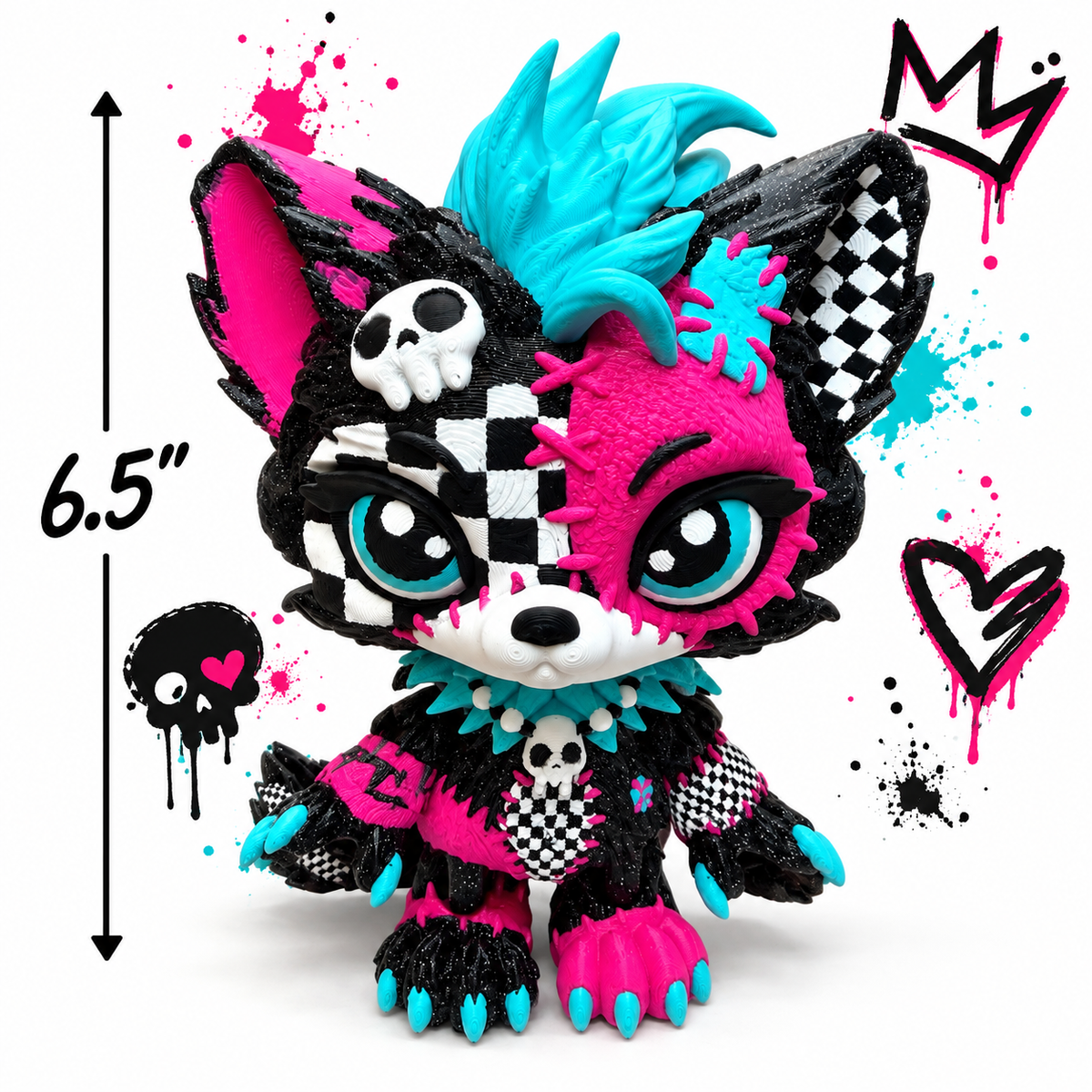 6.5" Lupa the Voodoo Wolf Pup Med — Articulated 3D Printed Stitch figurine Wolf w/ Skull Earrings