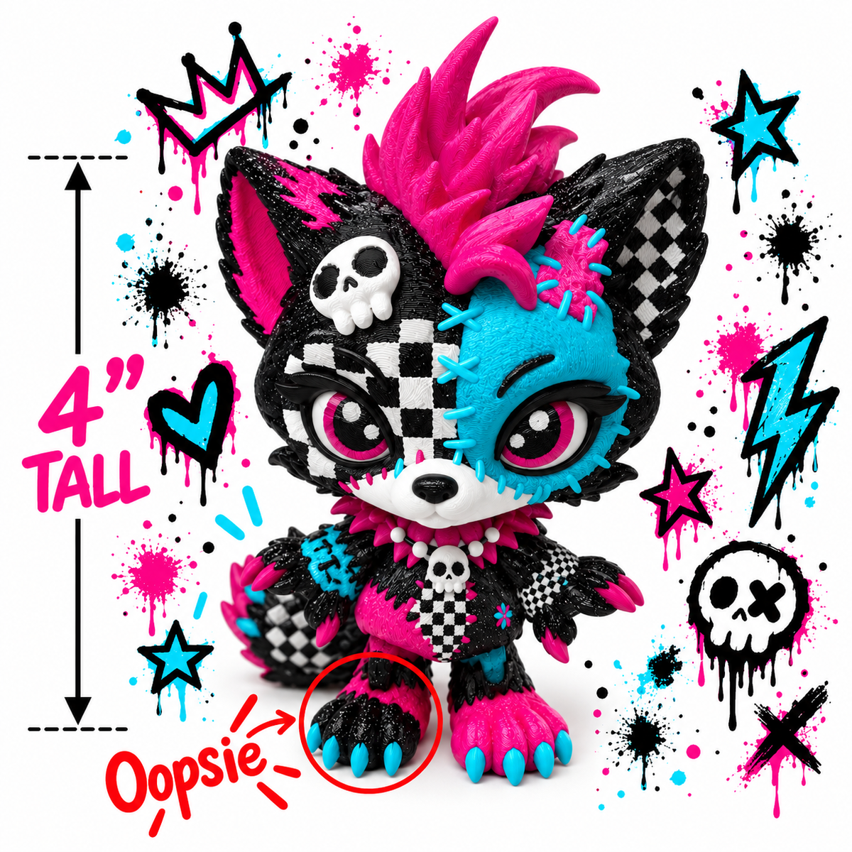 4" Lupa the Voodoo Wolf Pup small — Articulated 3D Printed Stitch figurine Wolf w/ Skull Earrings