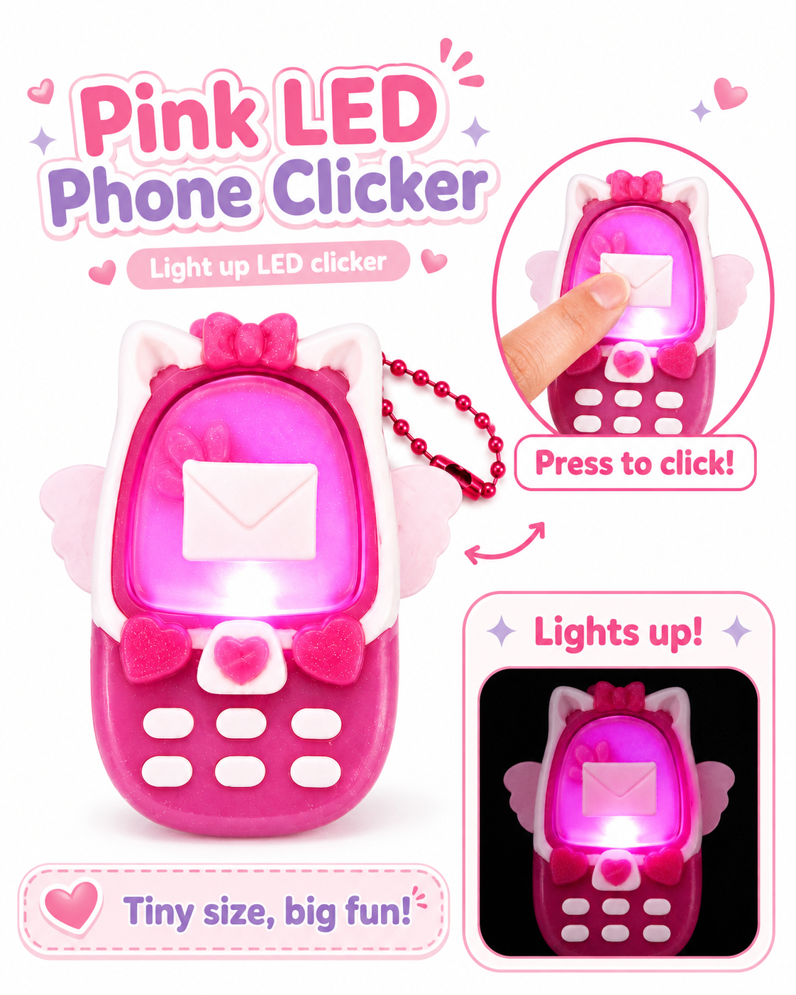 Kawaii Cellphone Shaped Sensory LED Clicker —3D Printed Winged Fidget Toy