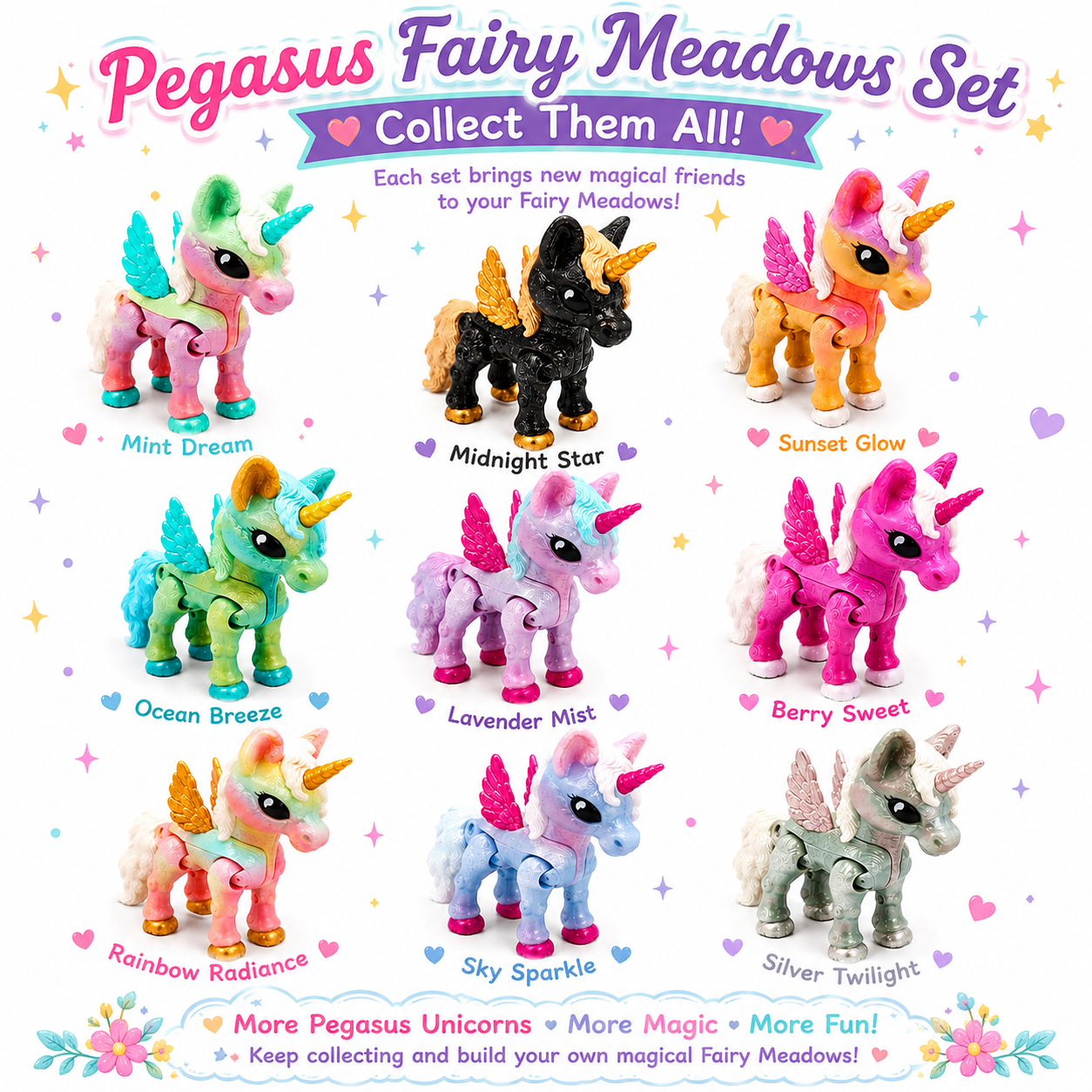 Pegasus Fairy Meadows Set | 4 Articulated Pegasus Unicorns + Magical Meadow Accessories