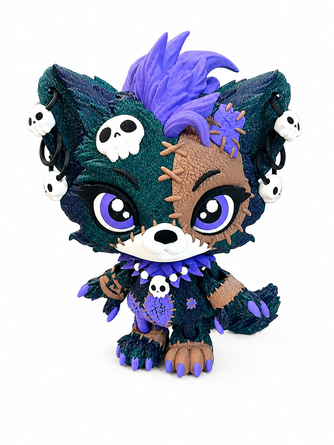 9" Lupa the Voodoo Wolf Pup  —  5 color Articulated 3D Printed Stitch figurine Wolf w/ Skull Earrings