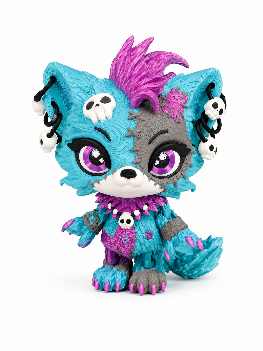 4" Lupa the Voodoo Wolf Pup small  — Articulated 3D Printed Stitch figurine Wolf w/ Skull Earrings