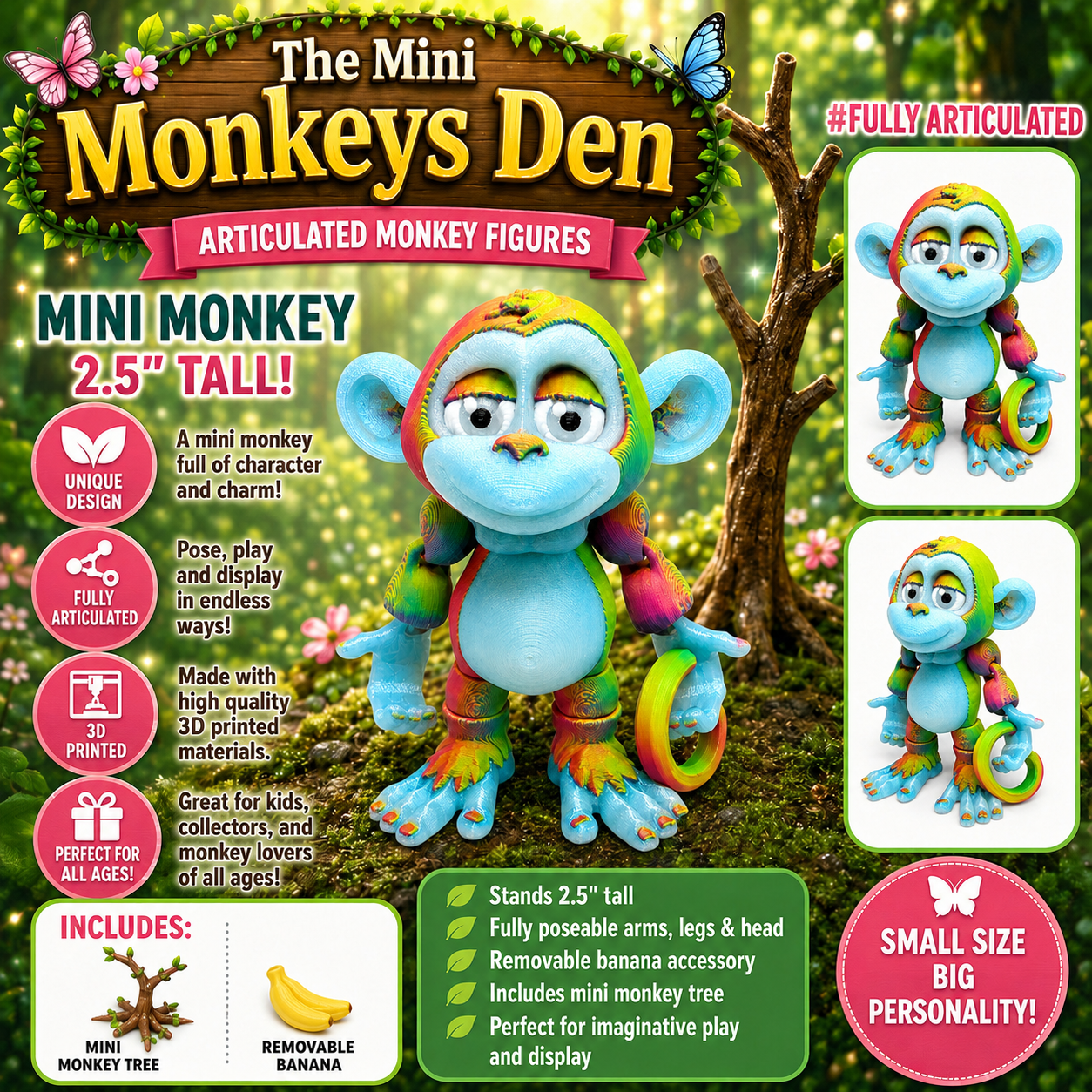 Mini Monkey Figurines — 2"–3" with Tree & Banana