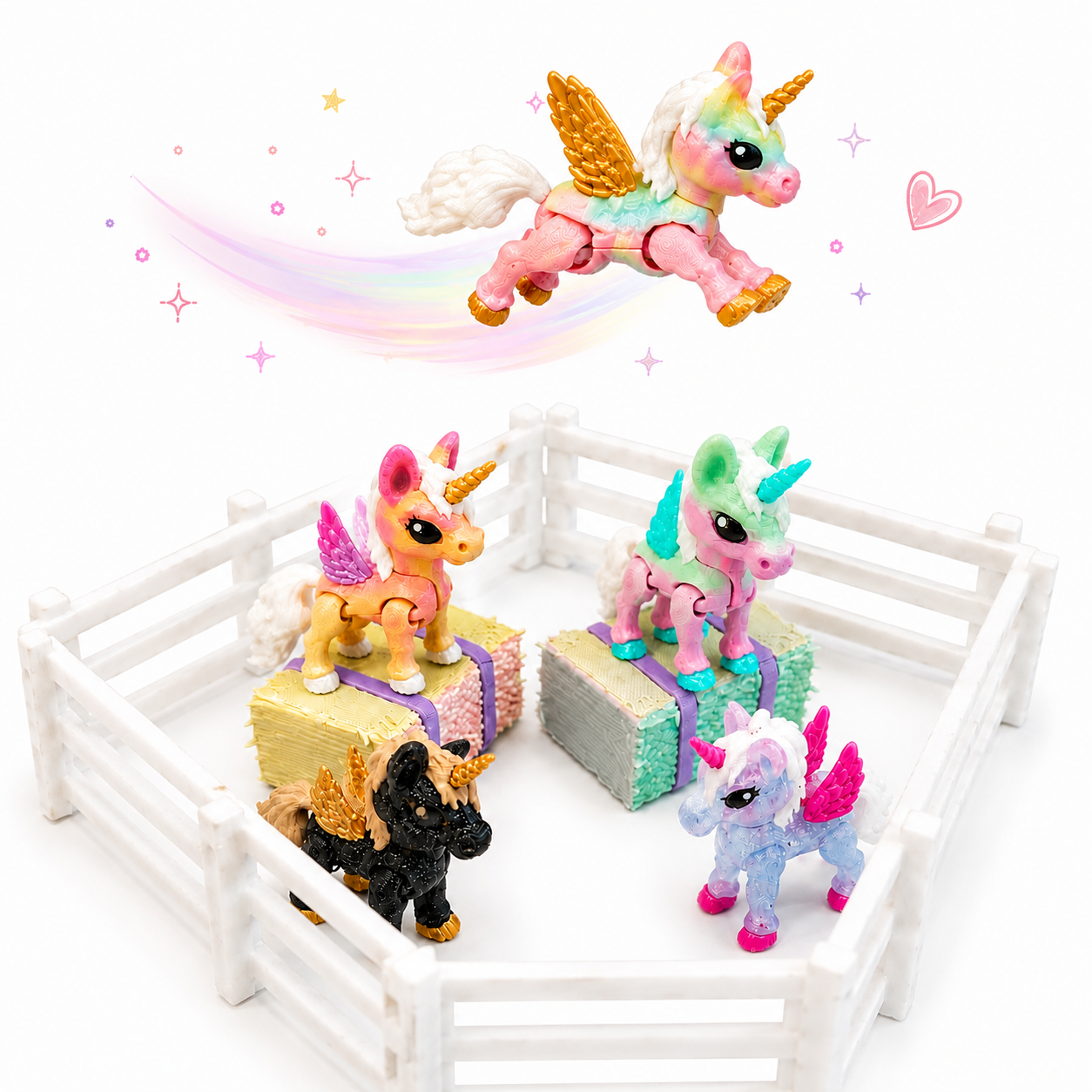 Pegasus Fairy Meadows Set | 4 Articulated Pegasus Unicorns + Magical Meadow Accessories