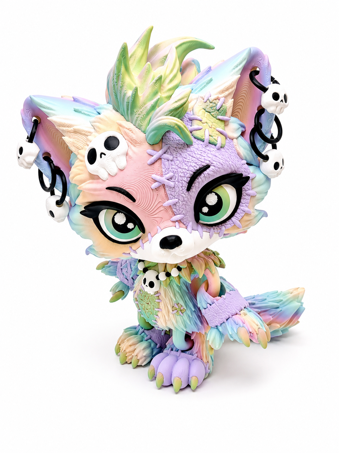 9" Lupa the Voodoo Wolf Pup  —  5 color Articulated 3D Printed Stitch figurine Wolf w/ Skull Earrings