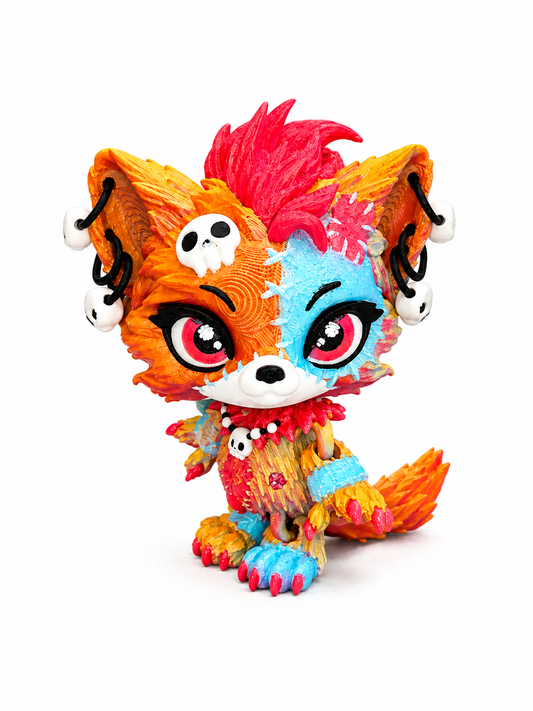 Luna the Voodoo Wolf Pup small 4" — Articulated 3D Printed Stitch figurine Wolf w/ Skull Earrings