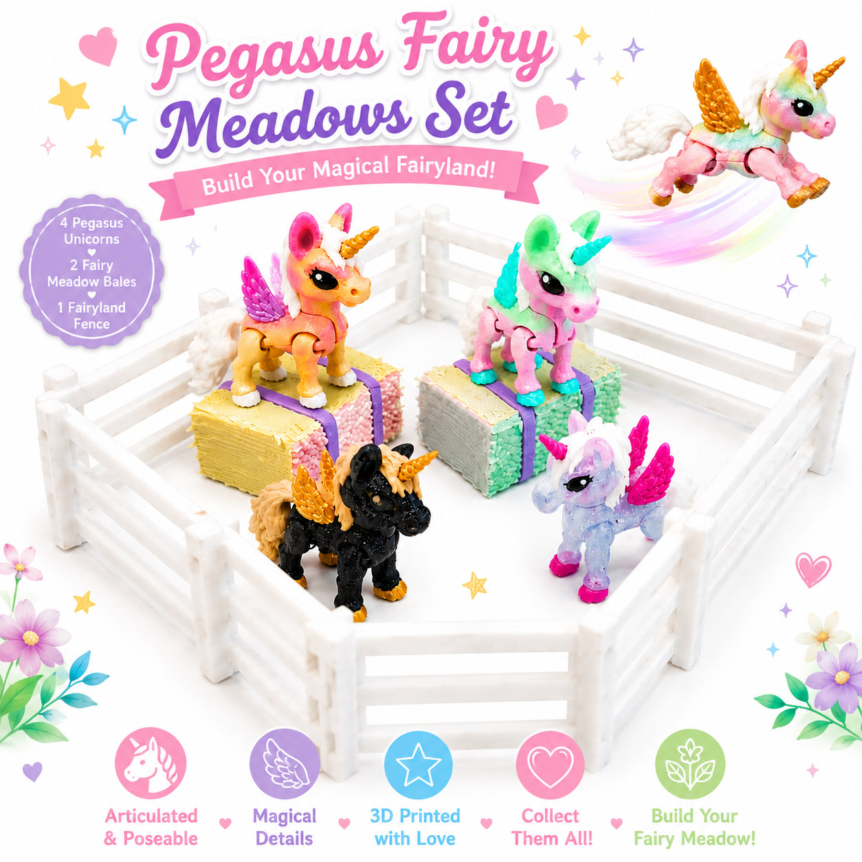 Pegasus Fairy Meadows Set | 4 Articulated Pegasus Unicorns + Magical Meadow Accessories