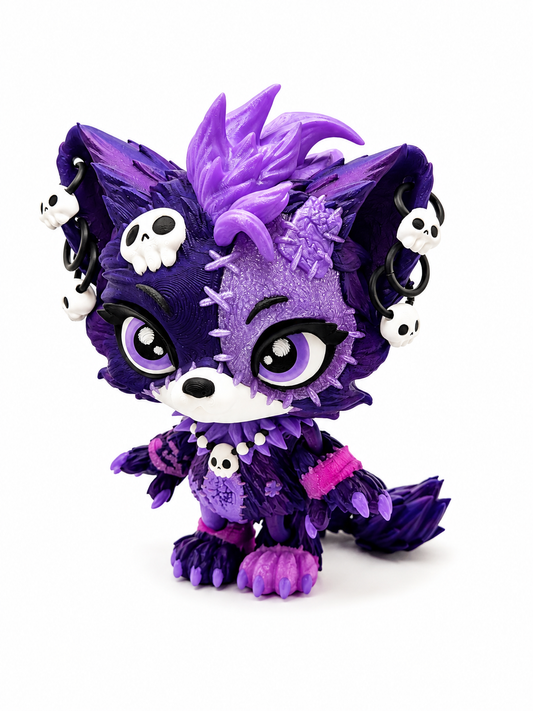 Lupa the Voodoo Wolf Pup XL 9" —  5 color Articulated 3D Printed Stitch figurine Wolf w/ Skull Earrings