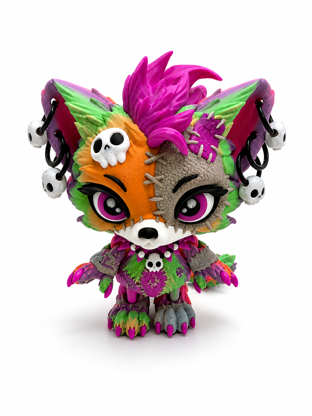 6.5" Lupa the Voodoo Wolf Pup Med — Articulated 3D Printed Stitch figurine Wolf w/ Skull Earrings
