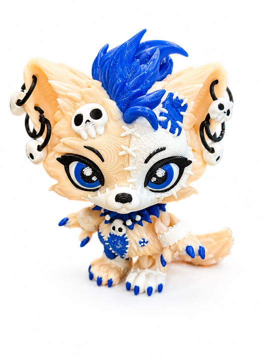 Luna the Voodoo Wolf Pup small 4" — Articulated 3D Printed Stitch figurine Wolf w/ Skull Earrings