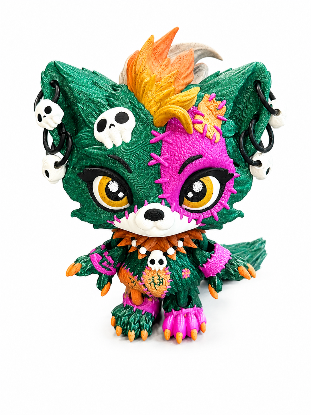 6.5" Lupa the Voodoo Wolf Pup Med — Articulated 3D Printed Stitch figurine Wolf w/ Skull Earrings