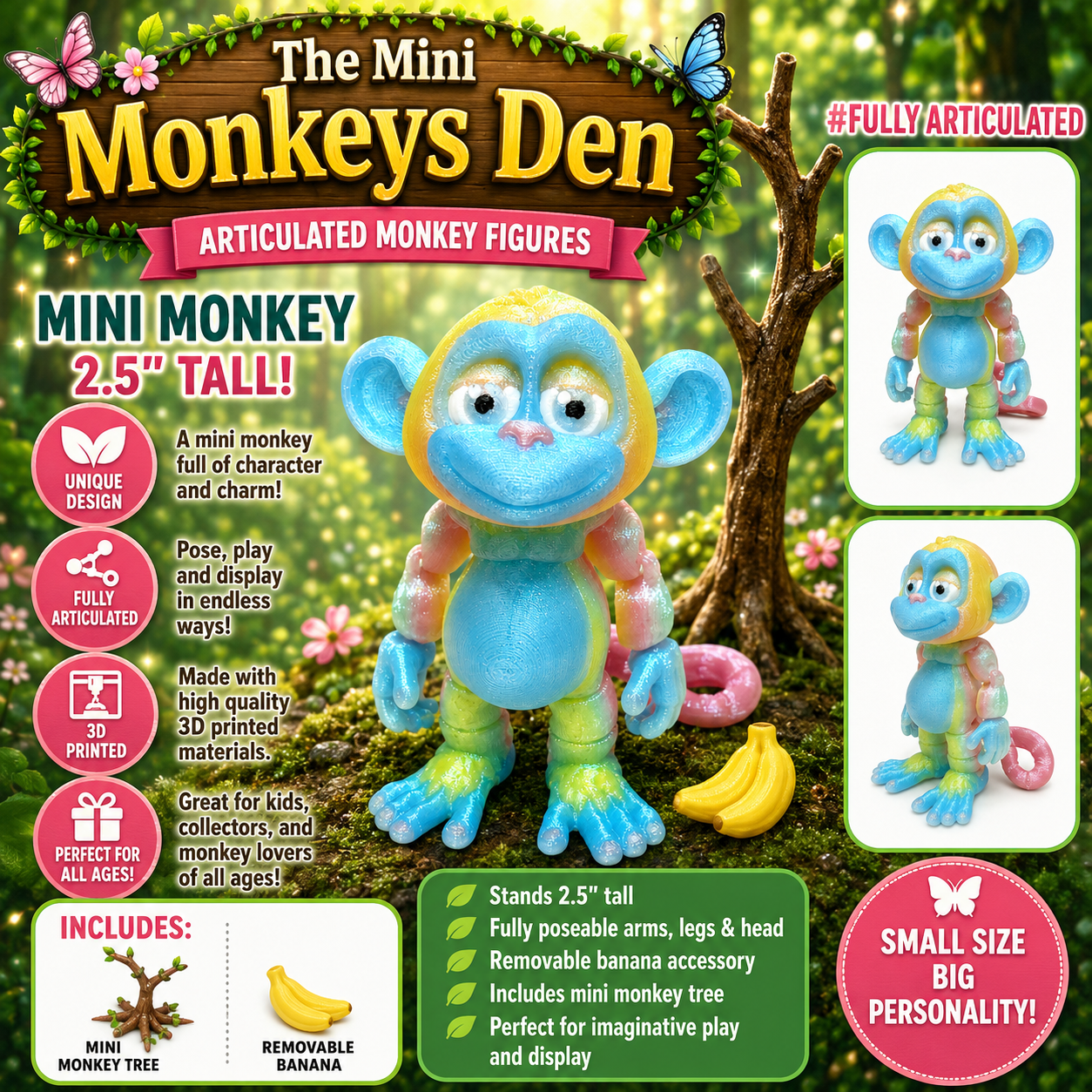 Mini Monkey Figurines — 2"–3" with Tree & Banana