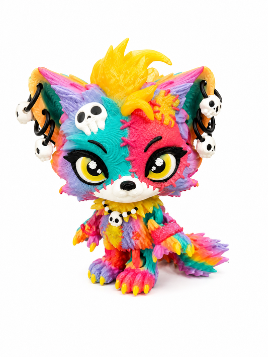 4" Lupa the Voodoo Wolf Pup small  — Articulated 3D Printed Stitch figurine Wolf w/ Skull Earrings