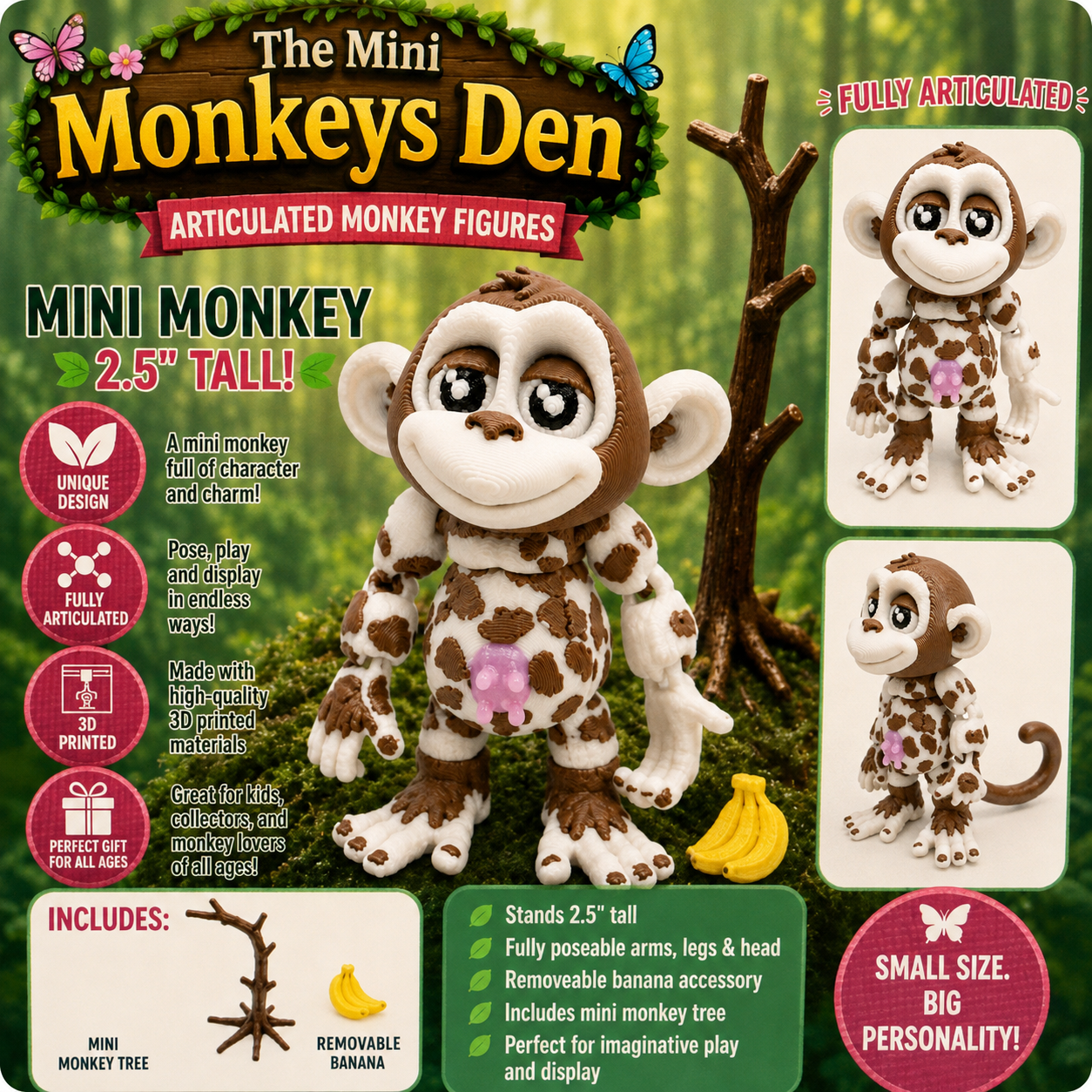 Mini Monkey Figurines — 2"–3" with Tree & Banana