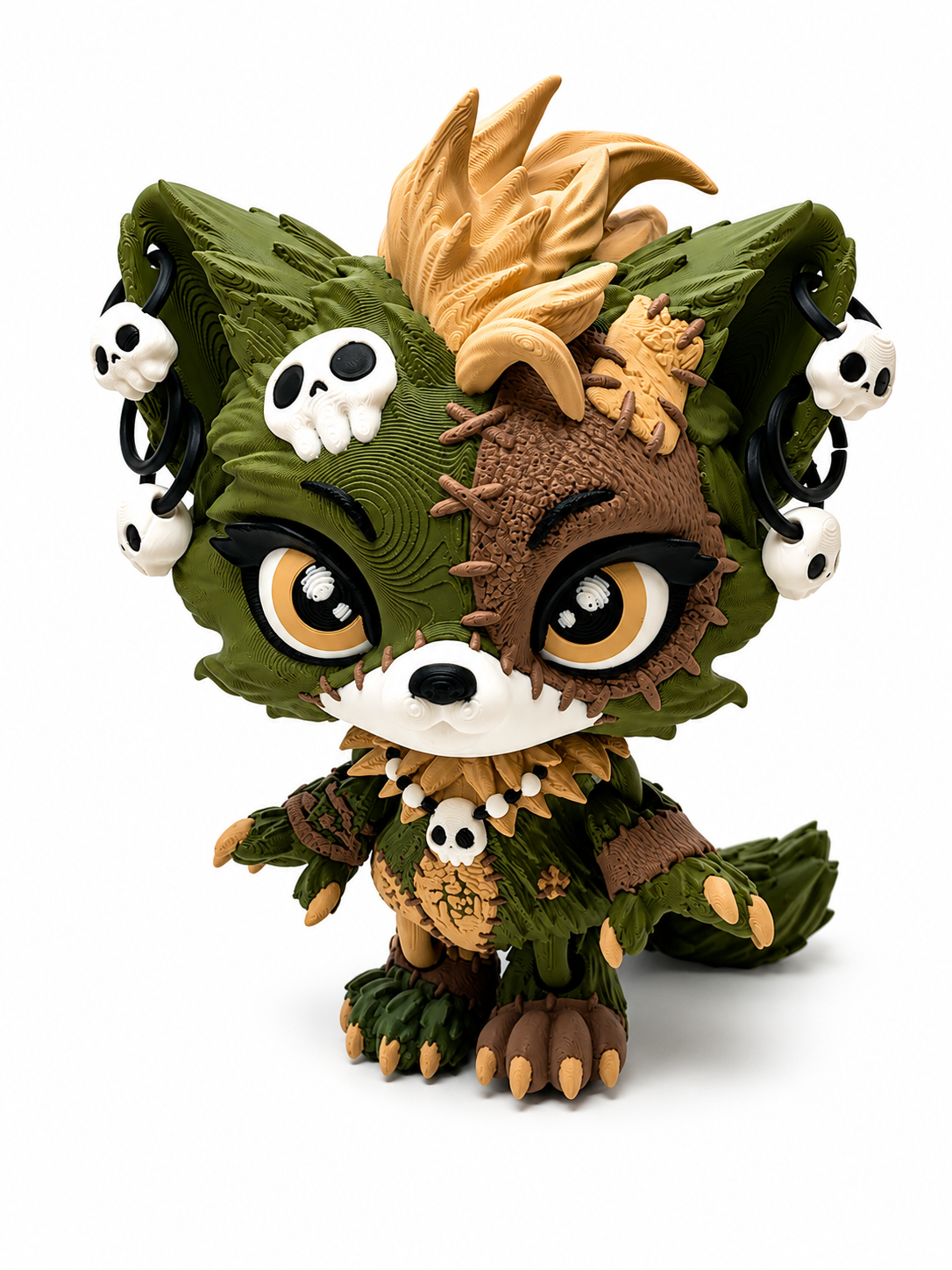 6.5" Lupa the Voodoo Wolf Pup Med — Articulated 3D Printed Stitch figurine Wolf w/ Skull Earrings