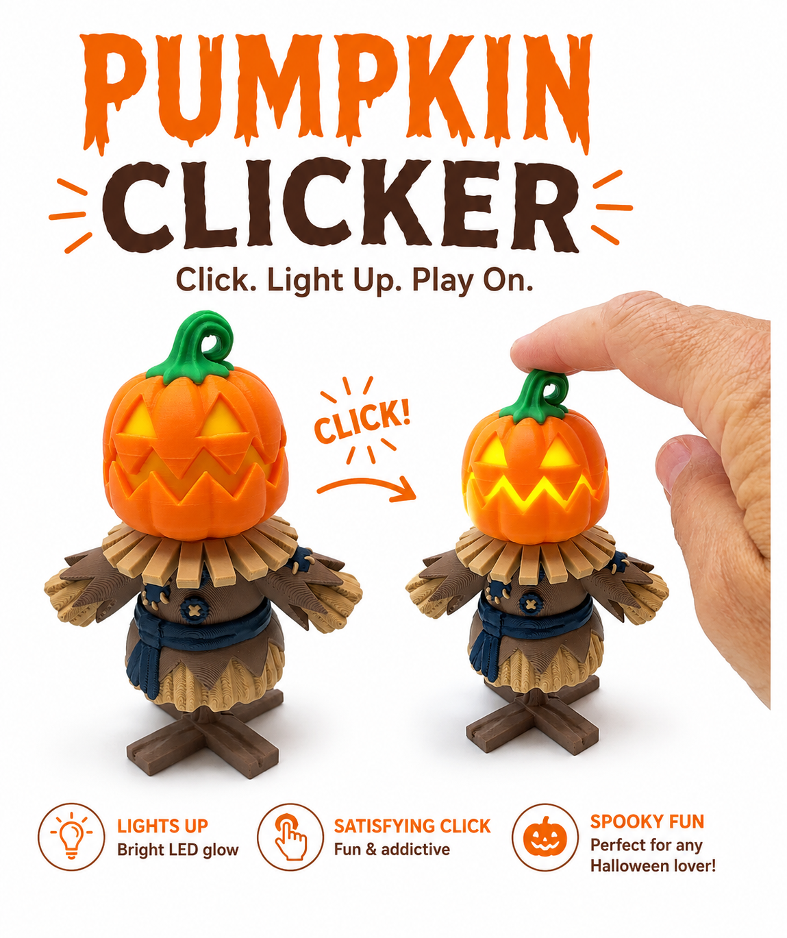 Pumpkin Scarecrow Light up Clicker3d printed Halloween Sensory Fidget