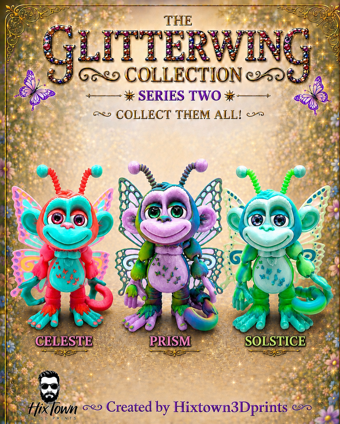 9" GlitterWing Butterfly Monkey Figurine | Rare Articulated 3D Printed Collectible | HixTown