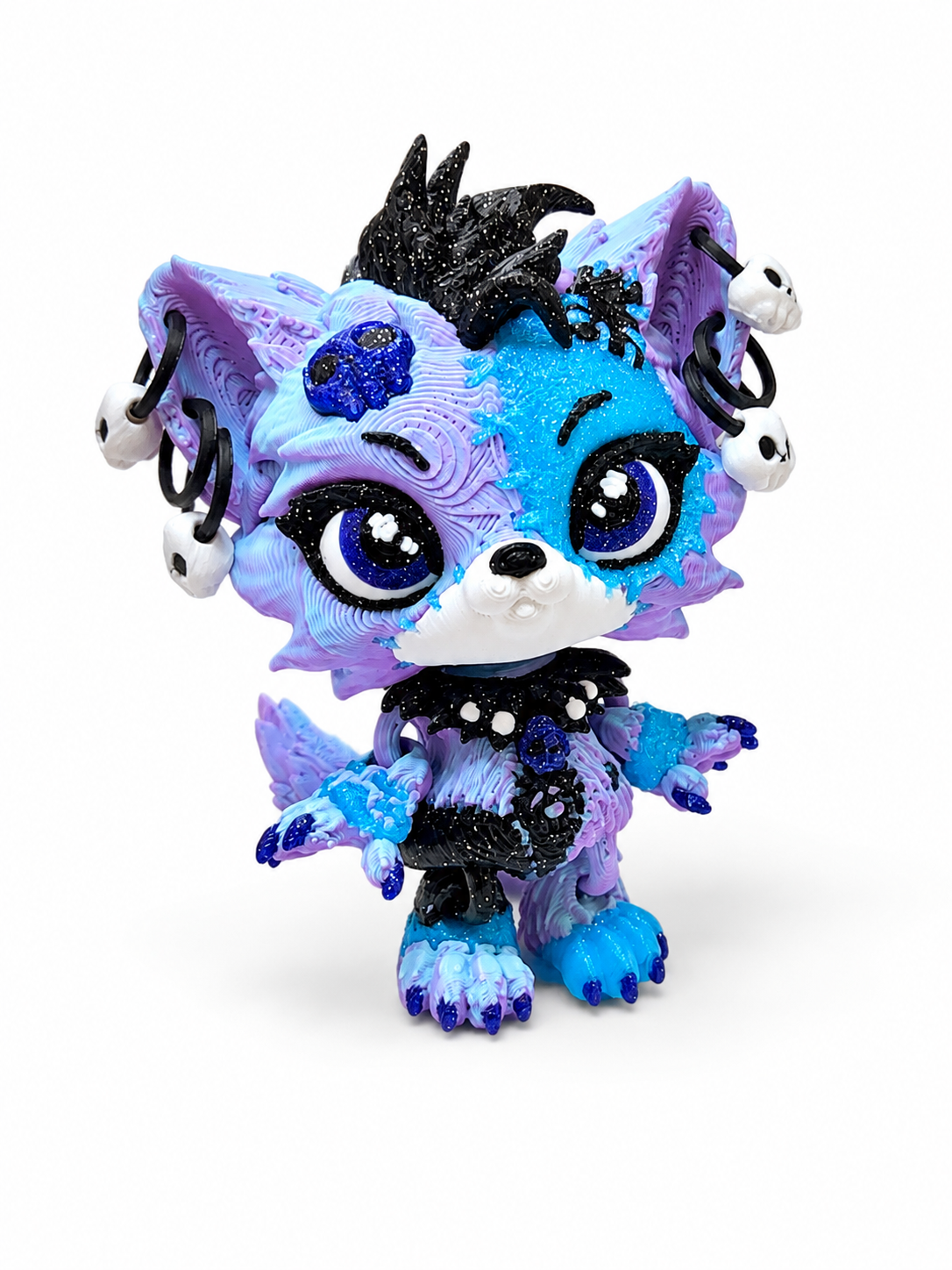 4" Lupa the Voodoo Wolf Pup small  — Articulated 3D Printed Stitch figurine Wolf w/ Skull Earrings