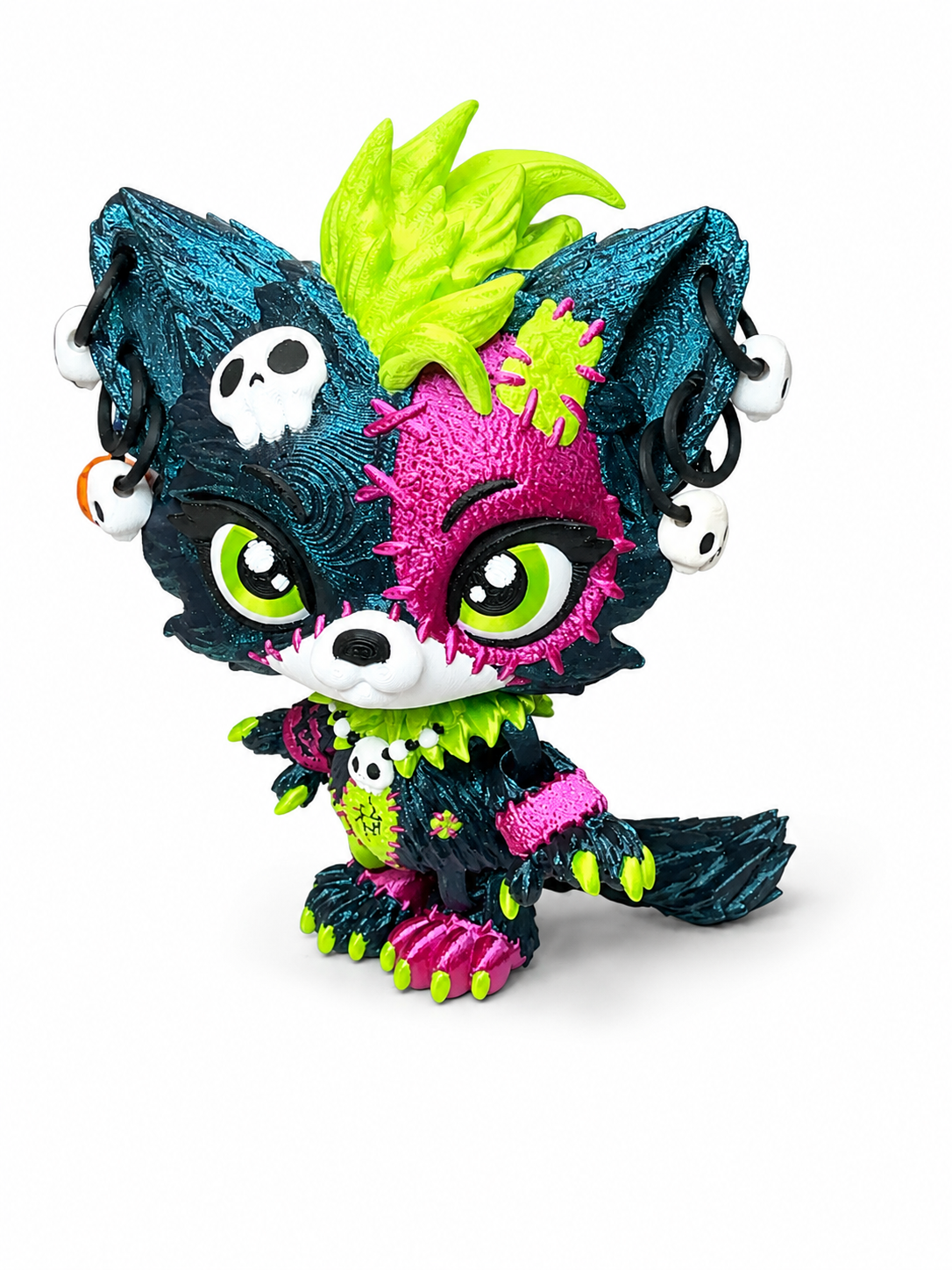 6.5" Lupa the Voodoo Wolf Pup Med — Articulated 3D Printed Stitch figurine Wolf w/ Skull Earrings
