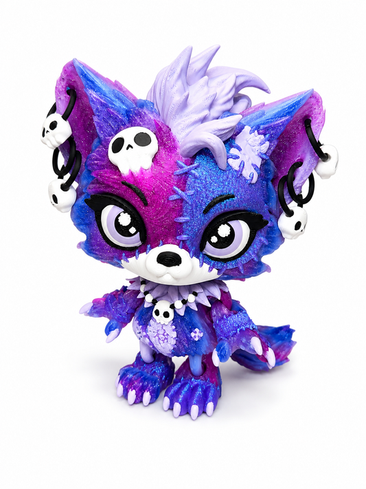 Lupa the Voodoo Wolf Pup Medium 6.5" — Articulated 3D Printed Stitch figurine Wolf w/ Skull Earrings