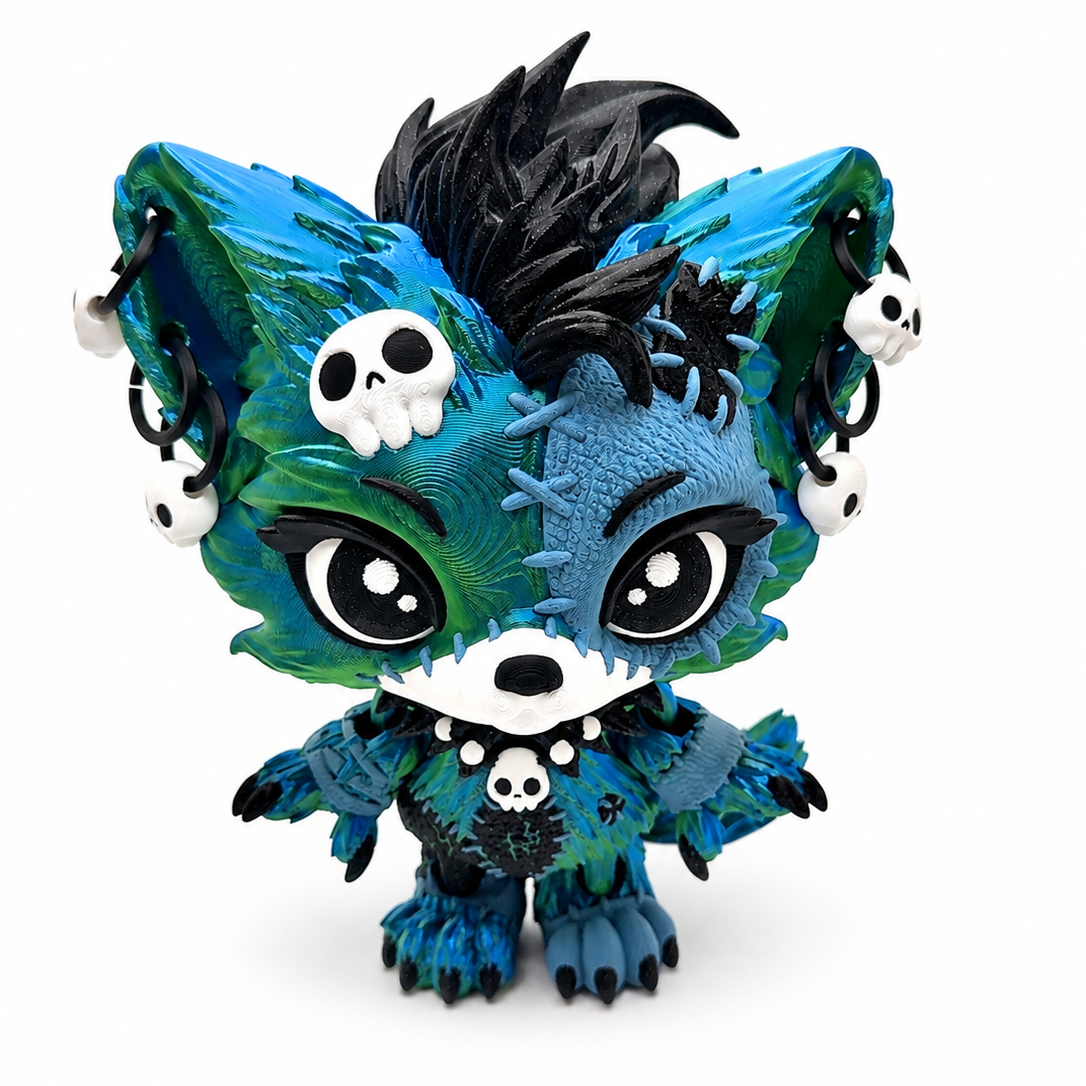 9" Lupa the Voodoo Wolf Pup  —  5 color Articulated 3D Printed Stitch figurine Wolf w/ Skull Earrings