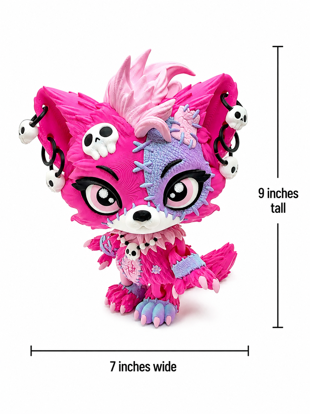 9" Lupa the Voodoo Wolf Pup  —  5 color Articulated 3D Printed Stitch figurine Wolf w/ Skull Earrings