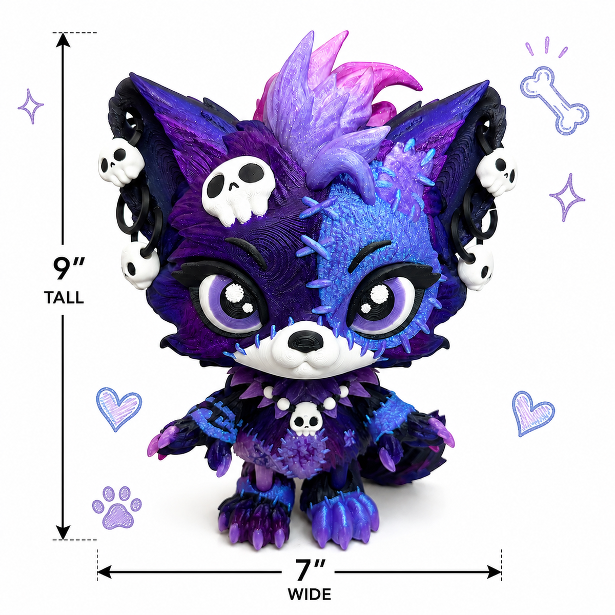 9" Lupa the Voodoo Wolf Pup  —  5 color Articulated 3D Printed Stitch figurine Wolf w/ Skull Earrings