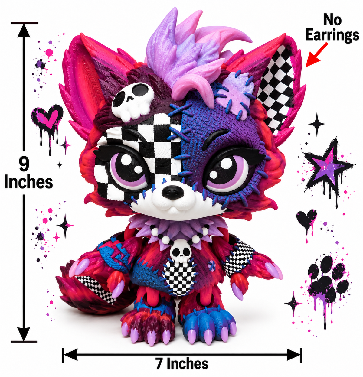 9" Lupa the Voodoo Wolf Pup  —  5 color Articulated 3D Printed Stitch figurine Wolf w/ Skull Earrings