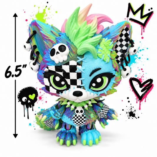 9" Lupa the Voodoo Wolf Pup  —  5 color Articulated 3D Printed Stitch figurine Wolf w/ Skull Earrings