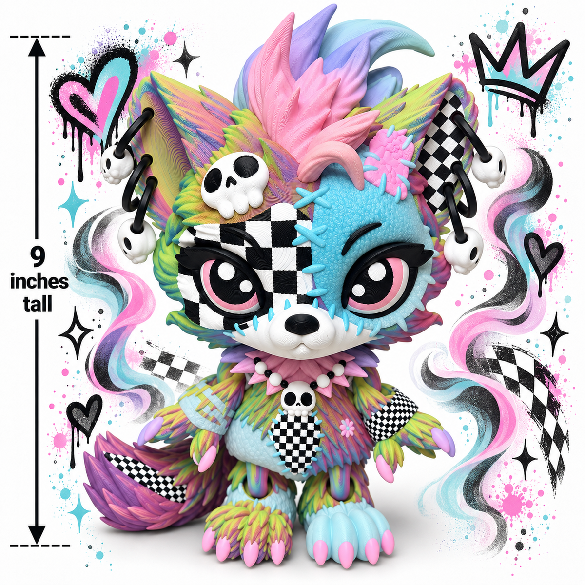 9" Lupa the Voodoo Wolf Pup  —  5 color Articulated 3D Printed Stitch figurine Wolf w/ Skull Earrings