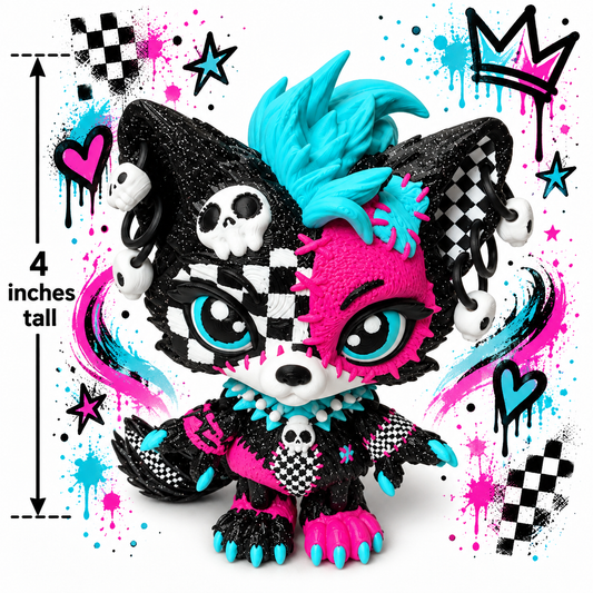 4" Lupa the Voodoo Wolf Pup small  — Articulated 3D Printed Stitch figurine Wolf w/ Skull Earrings