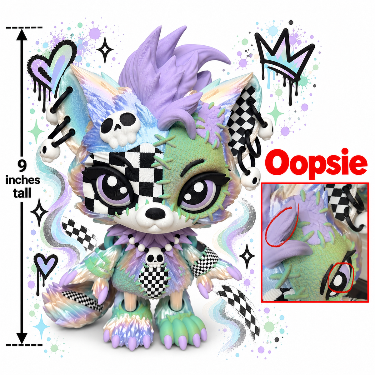 9" Lupa the Voodoo Wolf Pup  —  5 color Articulated 3D Printed Stitch figurine Wolf w/ Skull Earrings