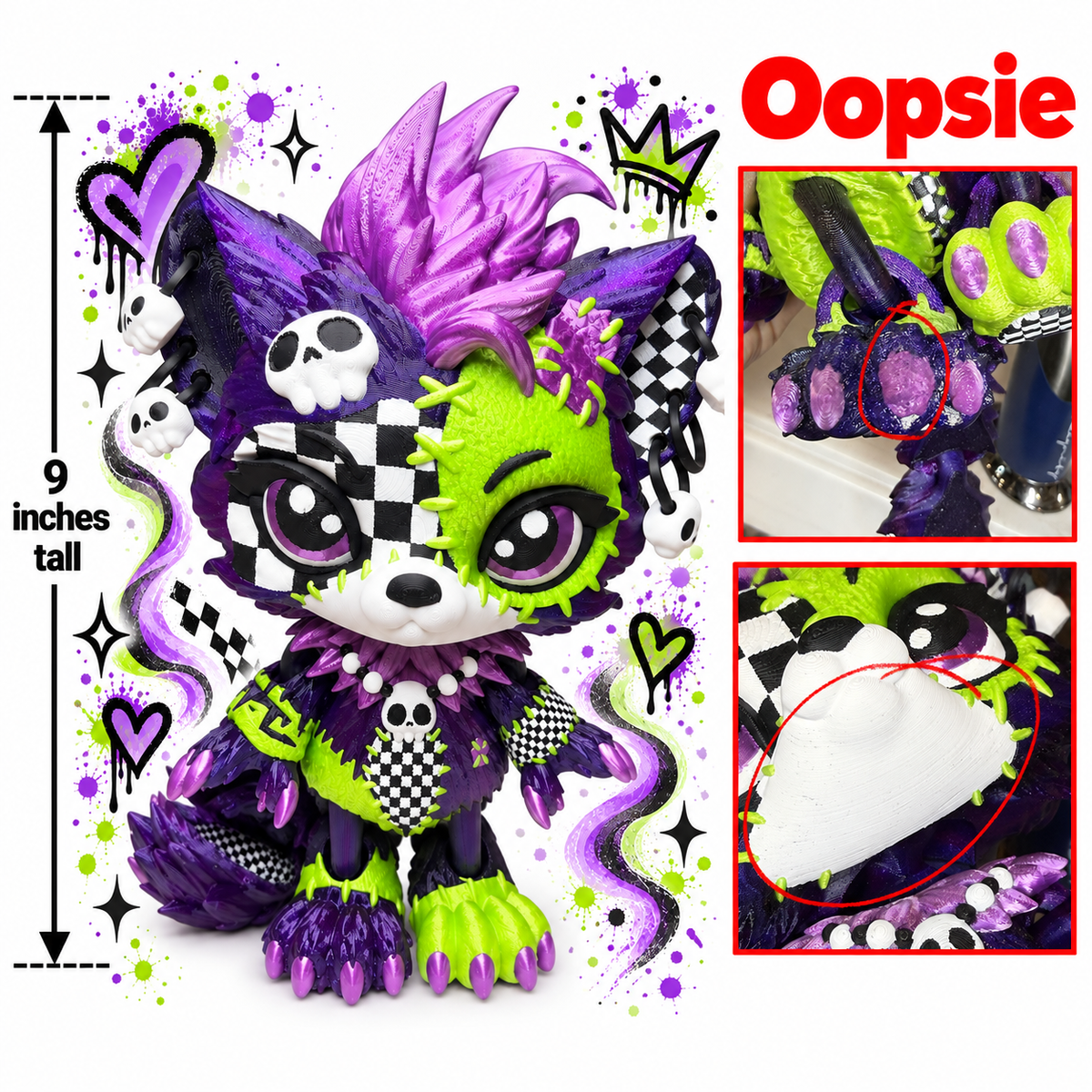 9" Lupa the Voodoo Wolf Pup  —  5 color Articulated 3D Printed Stitch figurine Wolf w/ Skull Earrings