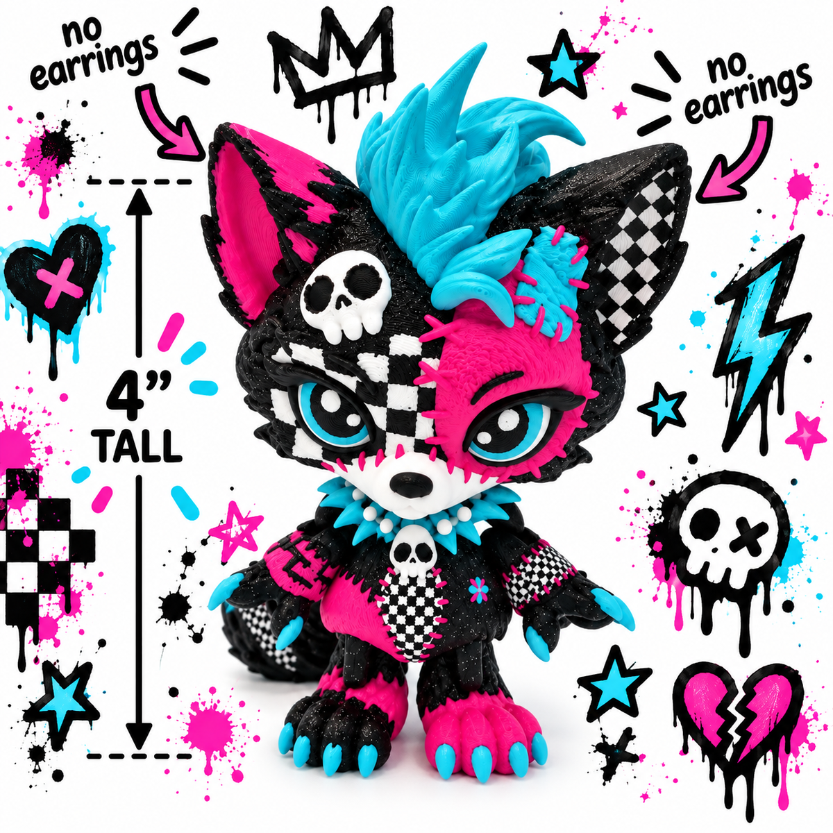 4" Lupa the Voodoo Wolf Pup small  — Articulated 3D Printed Stitch figurine Wolf w/ Skull Earrings