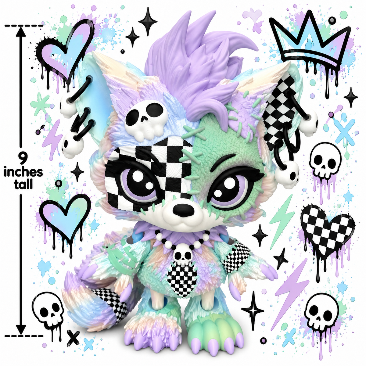 9" Lupa the Voodoo Wolf Pup  —  5 color Articulated 3D Printed Stitch figurine Wolf w/ Skull Earrings