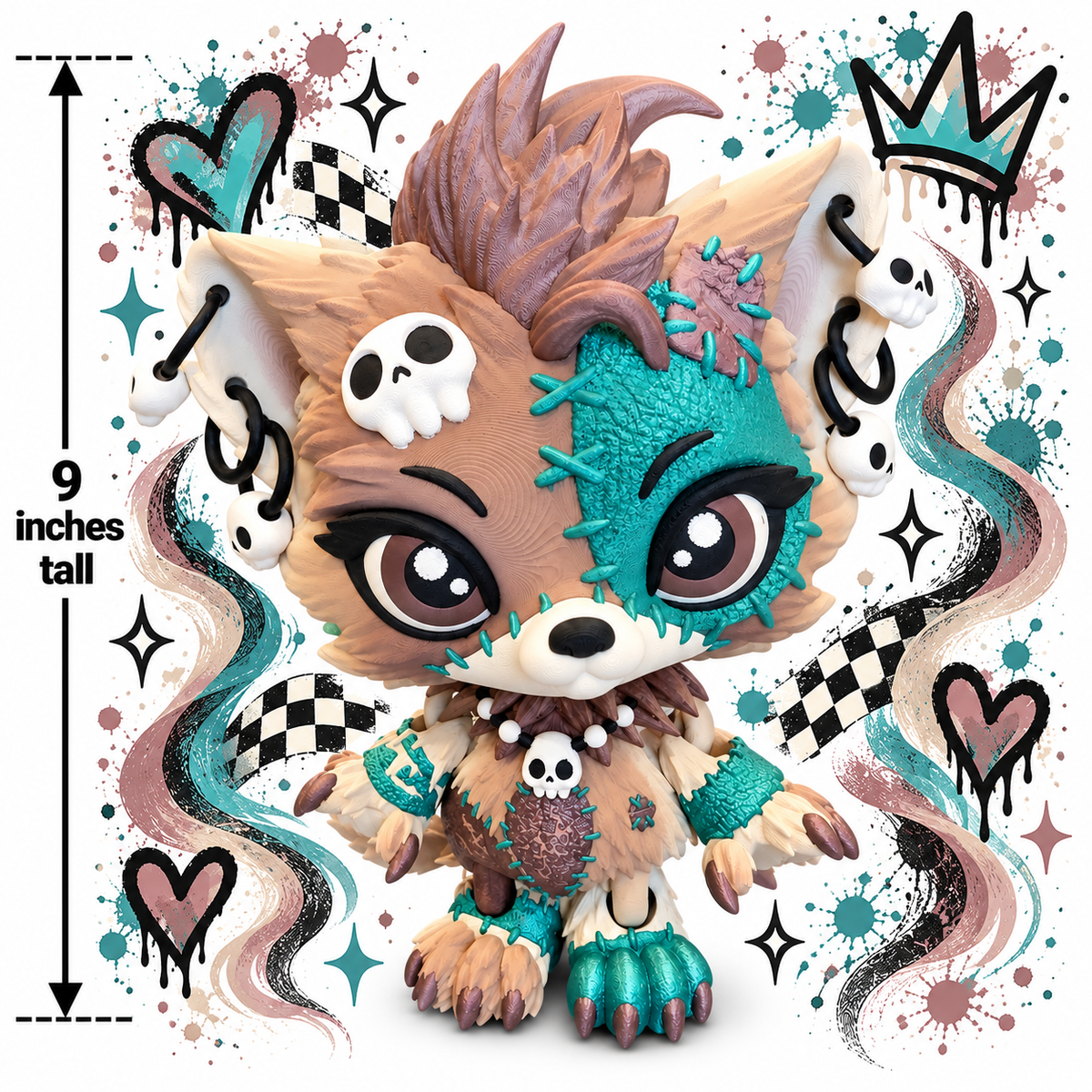 9" Lupa the Voodoo Wolf Pup  —  5 color Articulated 3D Printed Stitch figurine Wolf w/ Skull Earrings