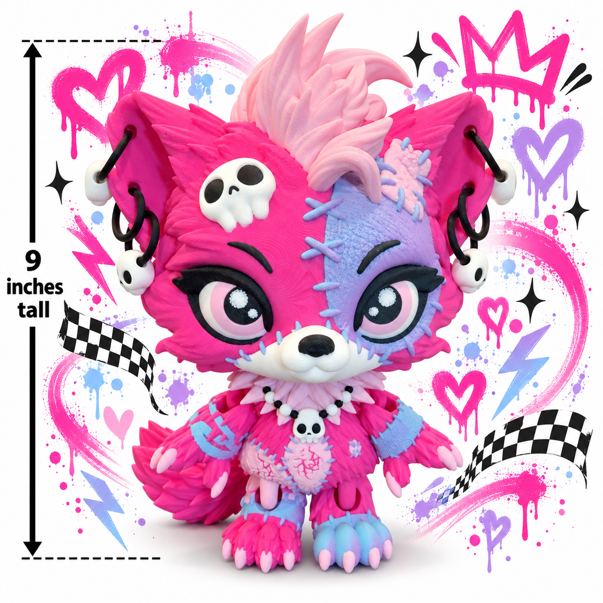 9" Lupa the Voodoo Wolf Pup  —  5 color Articulated 3D Printed Stitch figurine Wolf w/ Skull Earrings