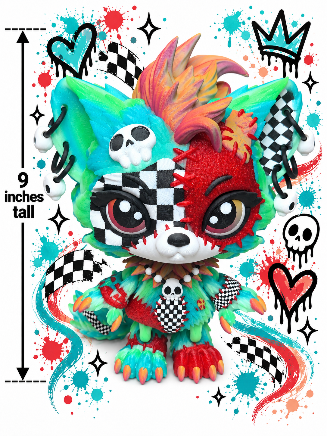9" Lupa the Voodoo Wolf Pup  —  5 color Articulated 3D Printed Stitch figurine Wolf w/ Skull Earrings