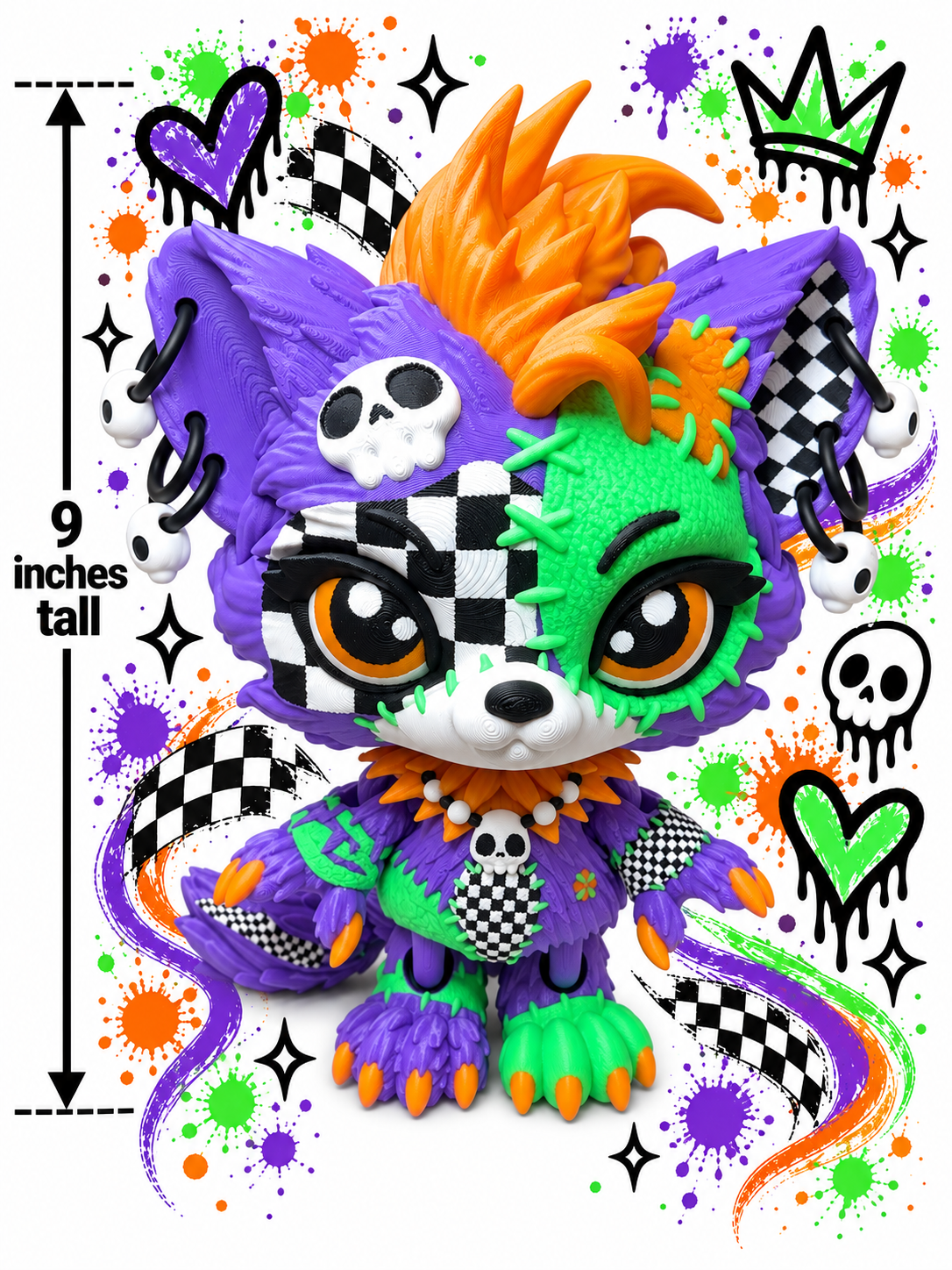 9" Lupa the Voodoo Wolf Pup  —  5 color Articulated 3D Printed Stitch figurine Wolf w/ Skull Earrings