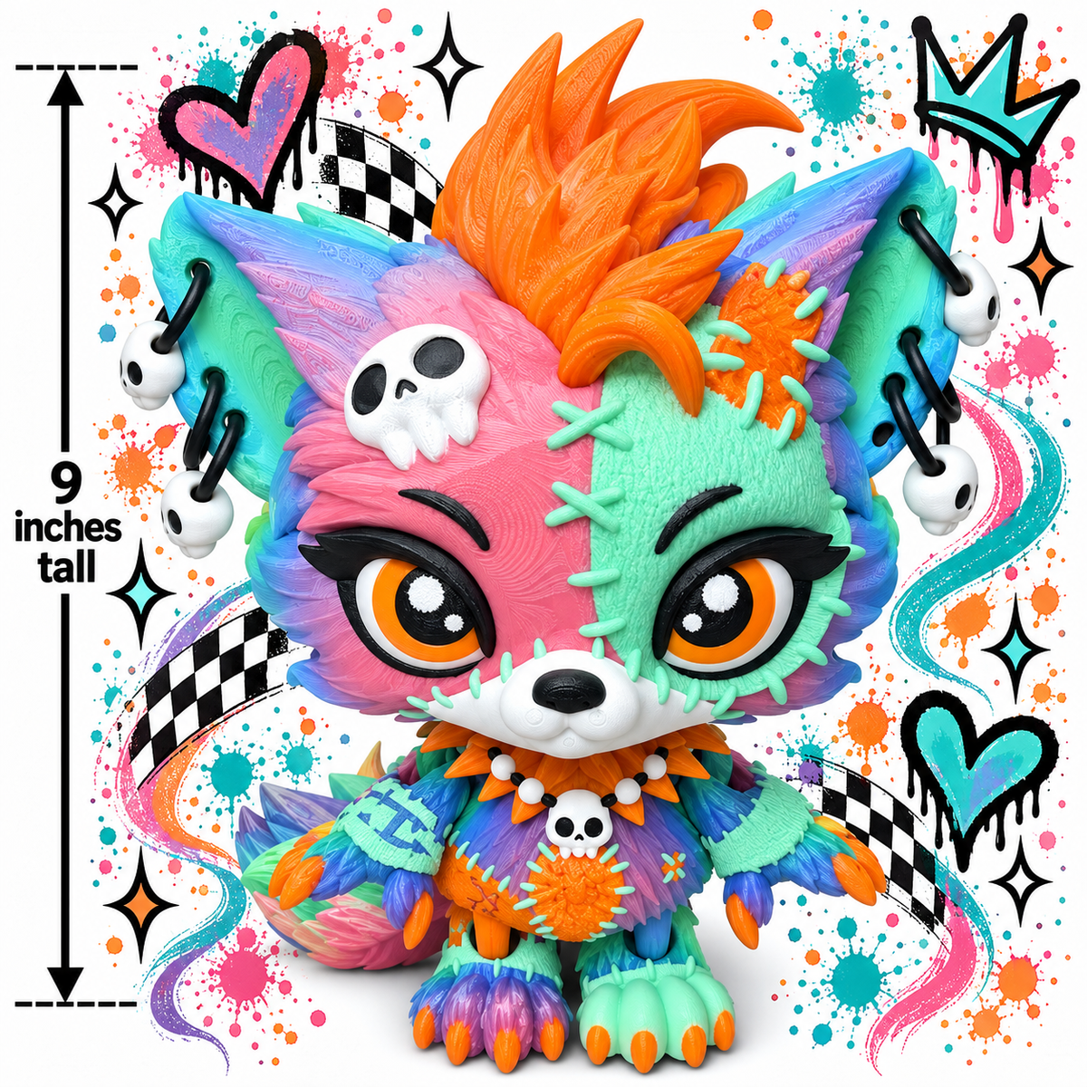9" Lupa the Voodoo Wolf Pup  —  5 color Articulated 3D Printed Stitch figurine Wolf w/ Skull Earrings