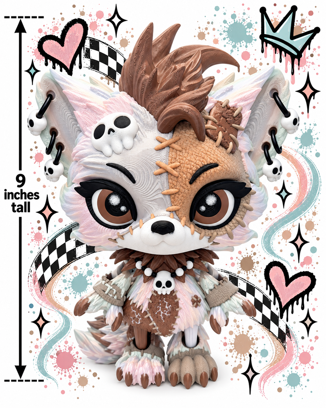 9" Lupa the Voodoo Wolf Pup  —  5 color Articulated 3D Printed Stitch figurine Wolf w/ Skull Earrings