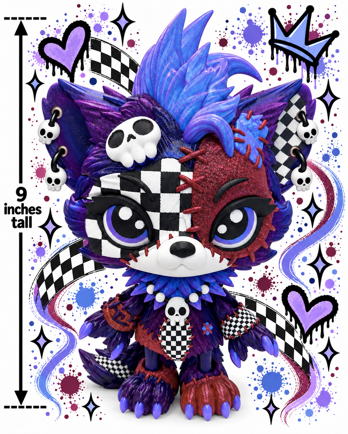 9" Lupa the Voodoo Wolf Pup  —  5 color Articulated 3D Printed Stitch figurine Wolf w/ Skull Earrings