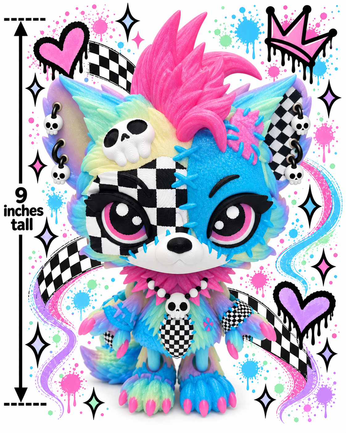 9" Lupa the Voodoo Wolf Pup  —  5 color Articulated 3D Printed Stitch figurine Wolf w/ Skull Earrings