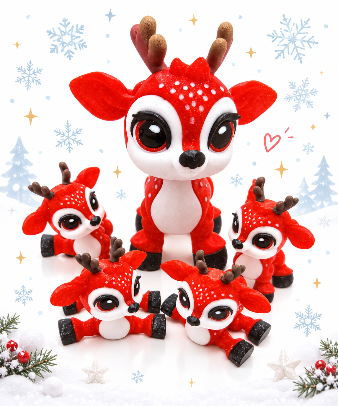 Reindeer Mama & Her Four Babies --5.5" & 3"  Articulating 3d printed
