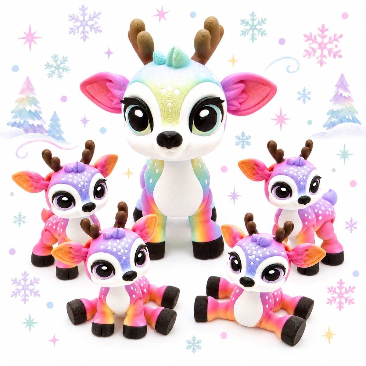 Reindeer Mama & Her Four Babies --5.5" & 3"  Articulating 3d printed