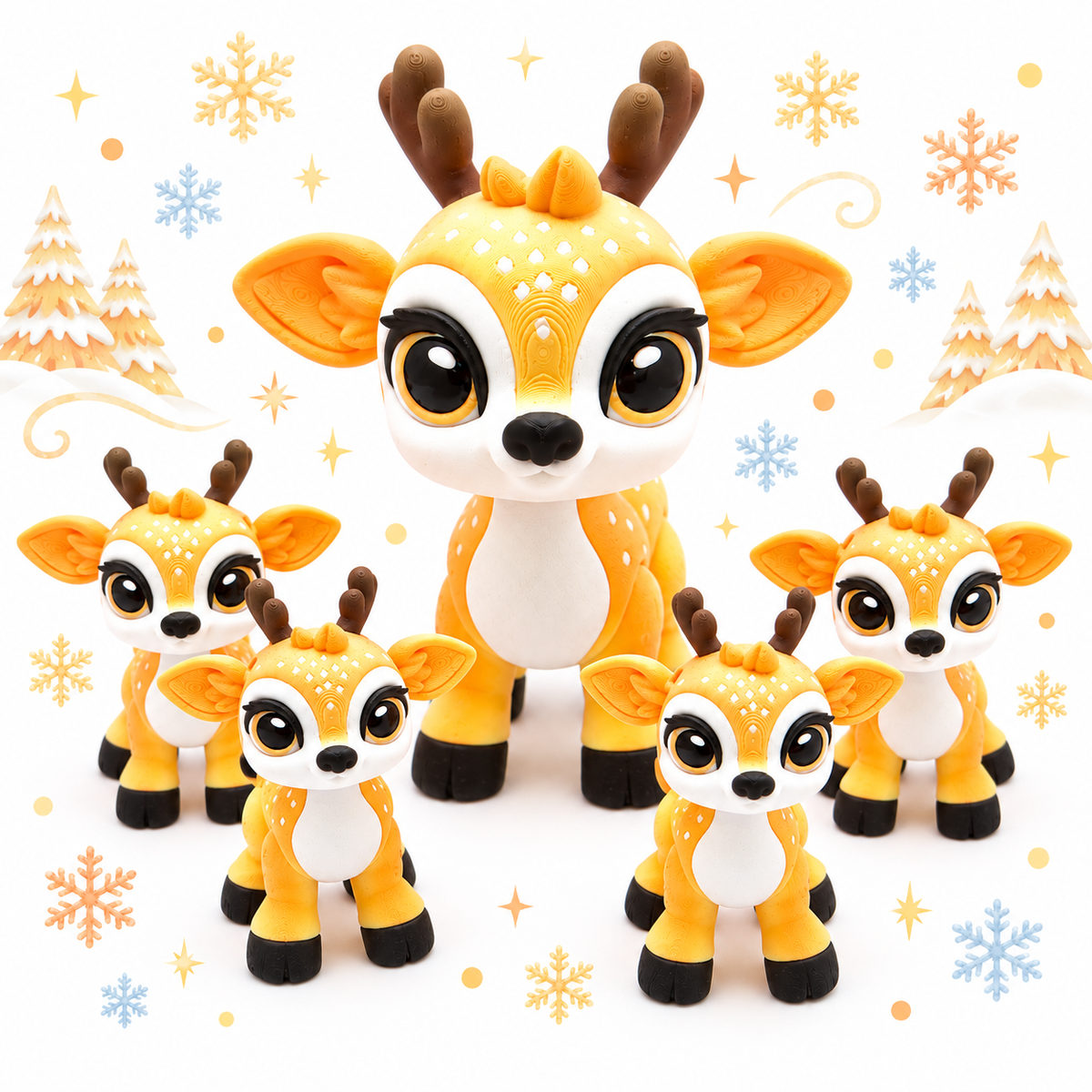Reindeer Mama & Her Four Babies --5.5" & 3"  Articulating 3d printed