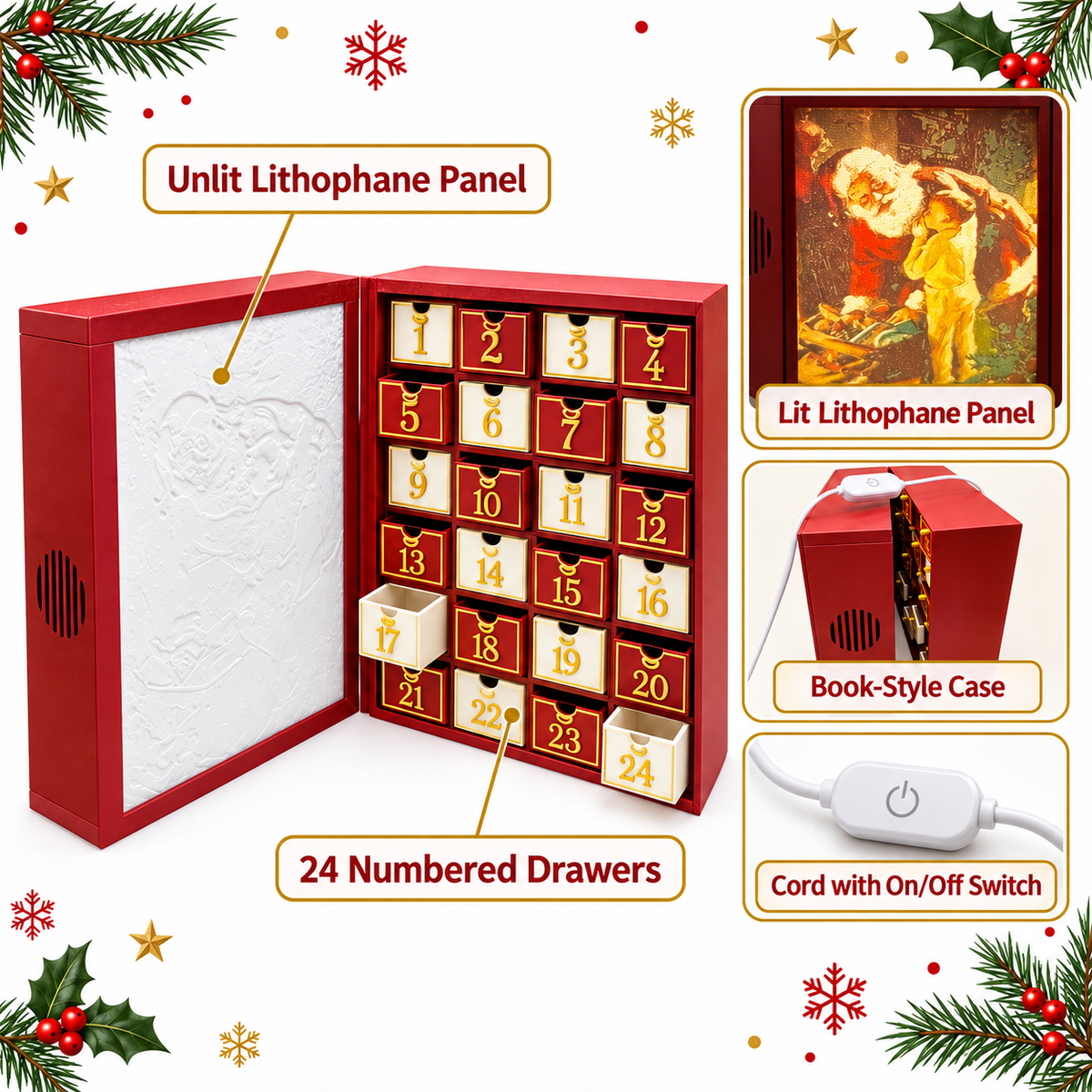Christmas Advent calendar Light Up Lithophane With 24 Reusable Drawers